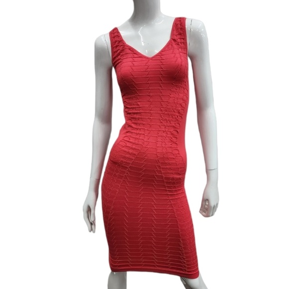 Bebe bodycon midi dress textured seamless coral red P/S - Picture 4 of 5
